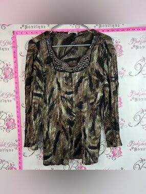 Windsmoor blouse sequins Beaded Scoop-Neck Crinkle Long Sleeve Top - Olive/Black